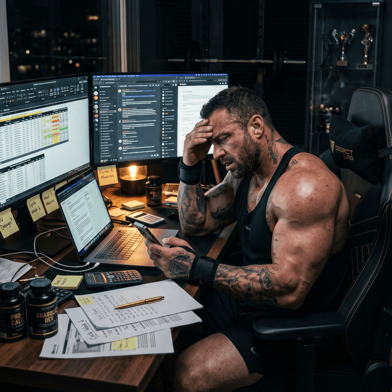 A lifter overwhelmed at a desk buried in spreadsheets, forum tabs, and scattered notes